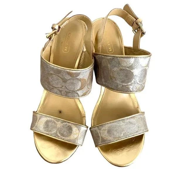 Coach Jezebel Metallic Logo Wood Heel Open Toe Buckle Wedge in Gold Silver 8.5